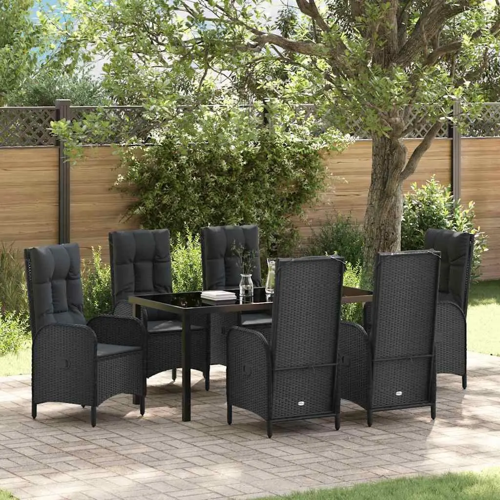 7 Piece Patio Furniture Set Modern Black Poly Rattan Dining Chairs and Table with Cushions