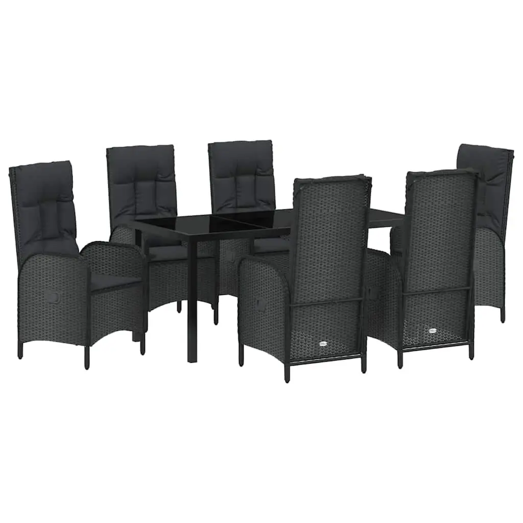 7 Piece Patio Furniture Set Modern Black Poly Rattan Dining Chairs and Table with Cushions