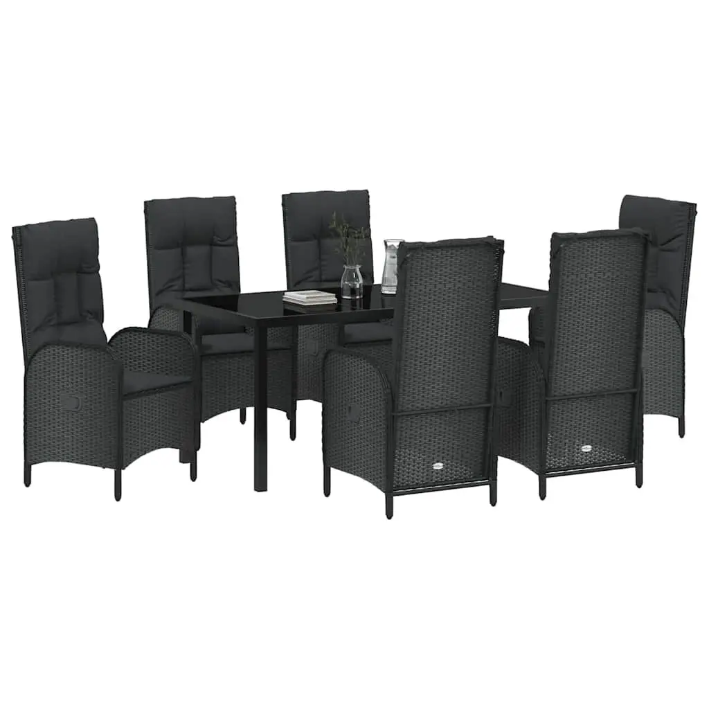 7 Piece Patio Furniture Set Modern Black Poly Rattan Dining Chairs and Table with Cushions