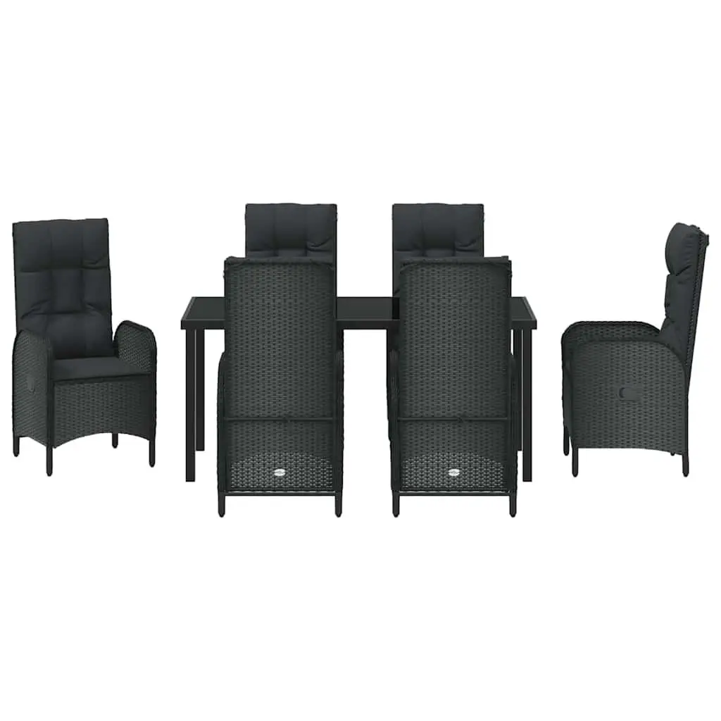 7 Piece Patio Furniture Set Modern Black Poly Rattan Dining Chairs and Table with Cushions