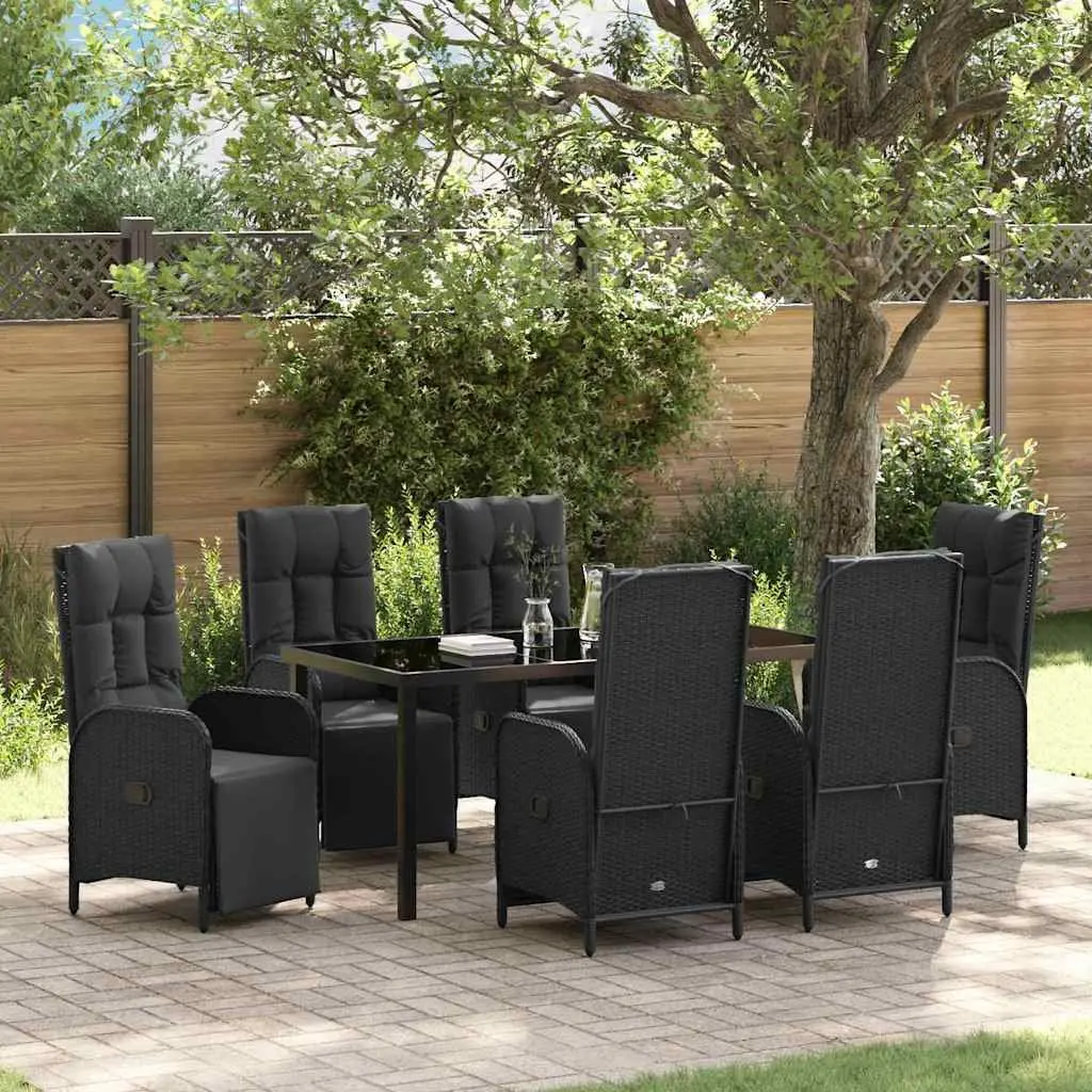 Outdoor Garden Dining Set 7 Piece Black Poly Rattan with Cushions