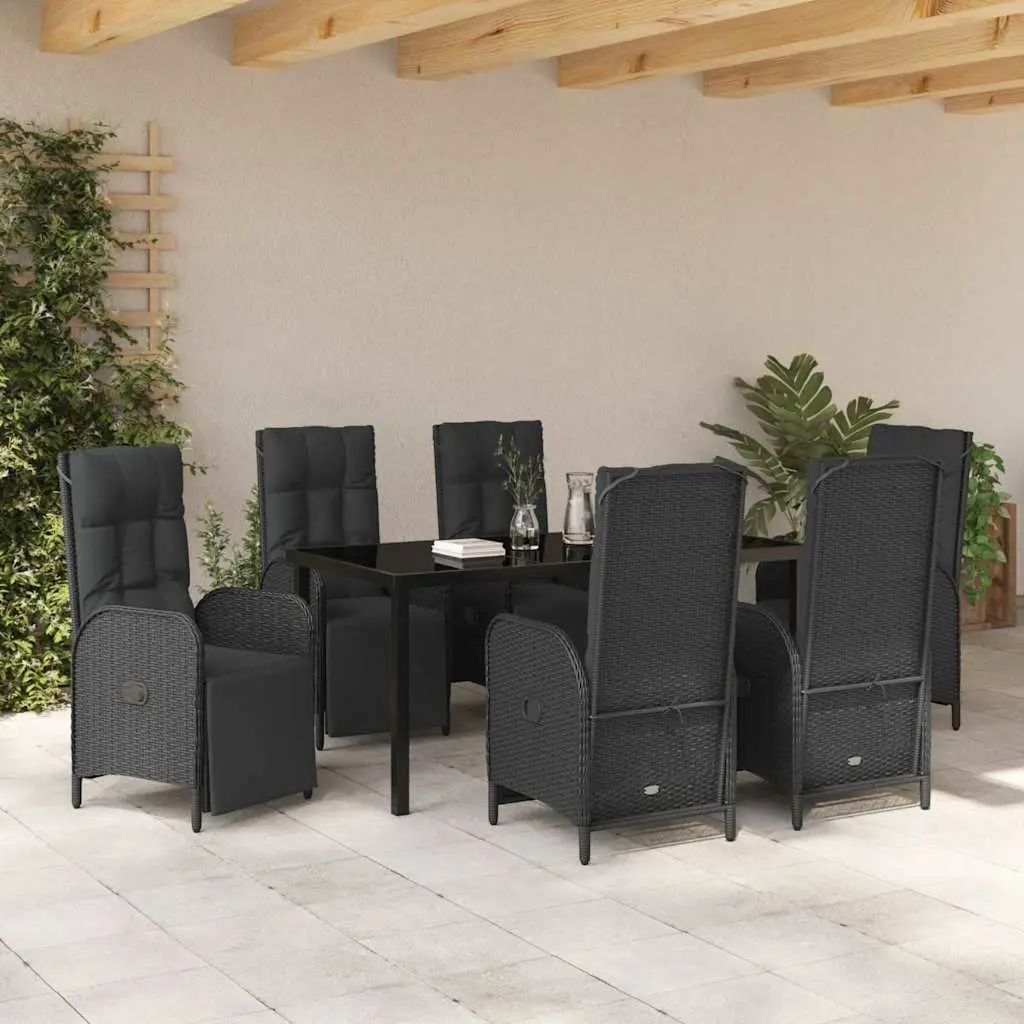 Outdoor Garden Dining Set 7 Piece Black Poly Rattan with Cushions