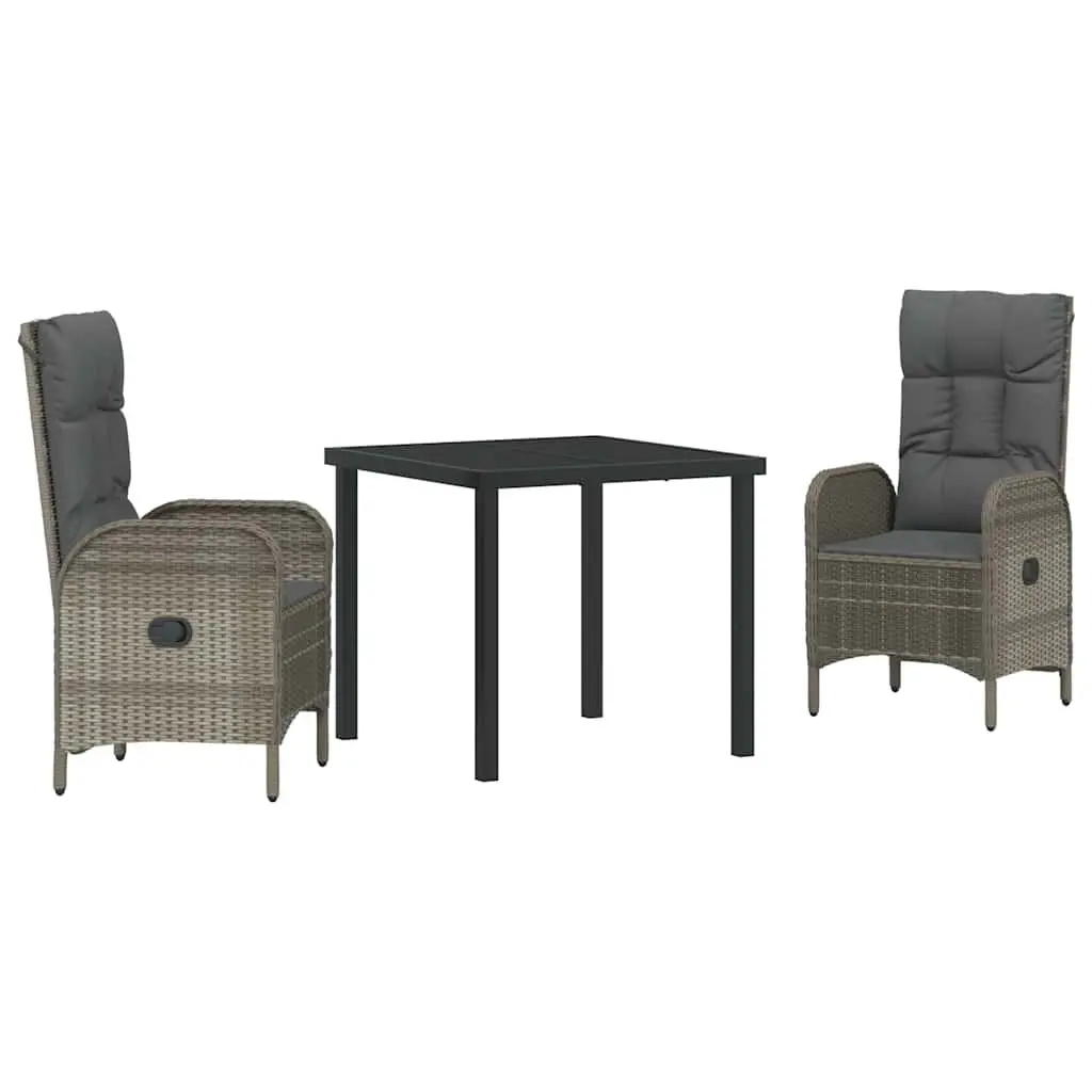 Garden Dining Set 3 Piece Modern Grey Poly Rattan Outdoor Furniture with Cushions