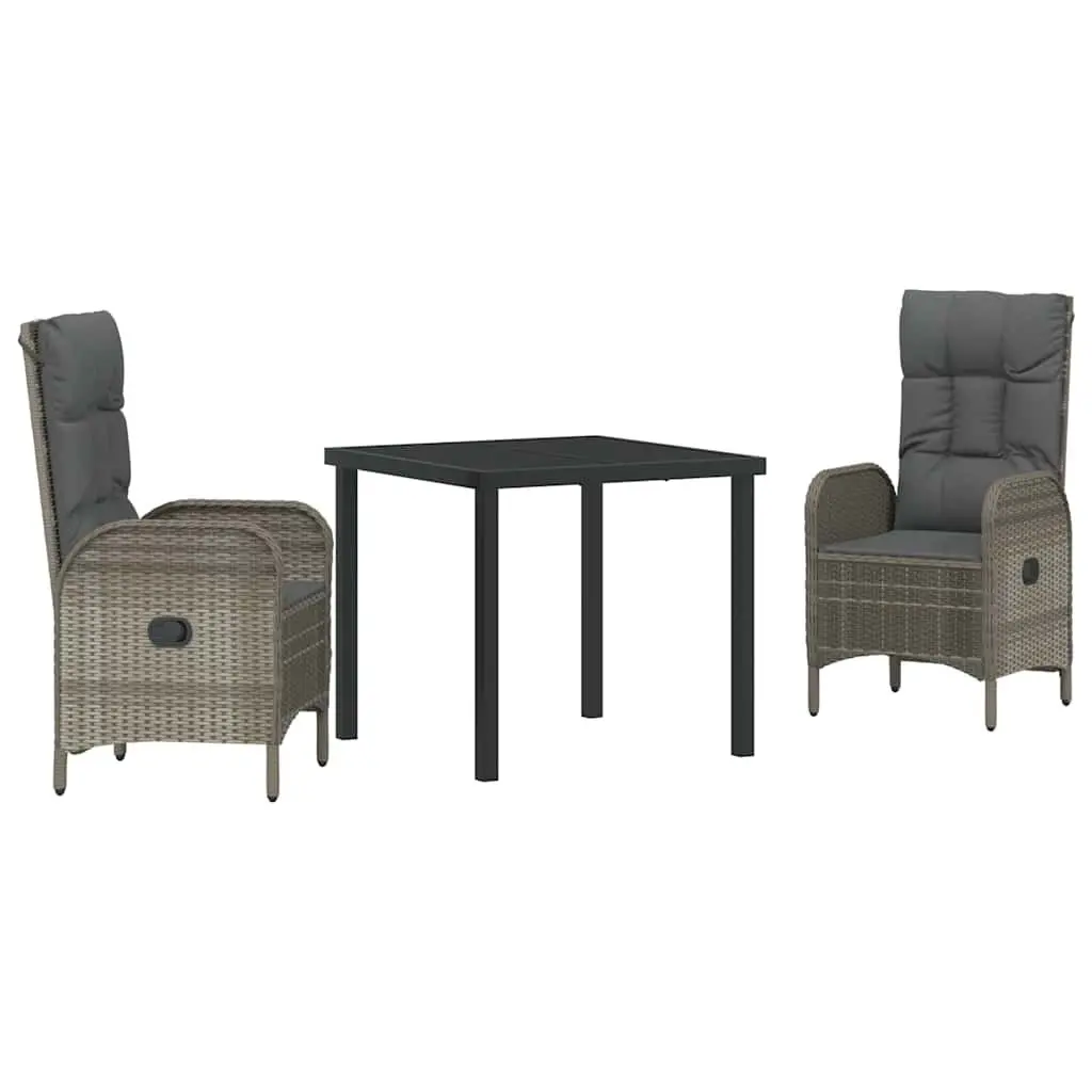 Garden Dining Set 3 Piece Modern Grey Poly Rattan Outdoor Furniture with Cushions