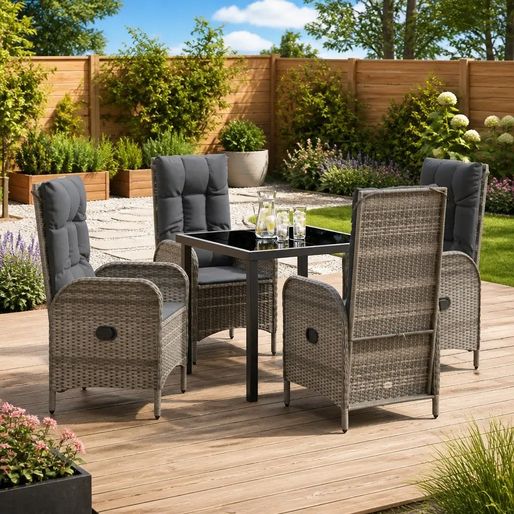 Garden Dining Set Modern Grey Poly Rattan 5 Pieces Outdoor Patio Furniture