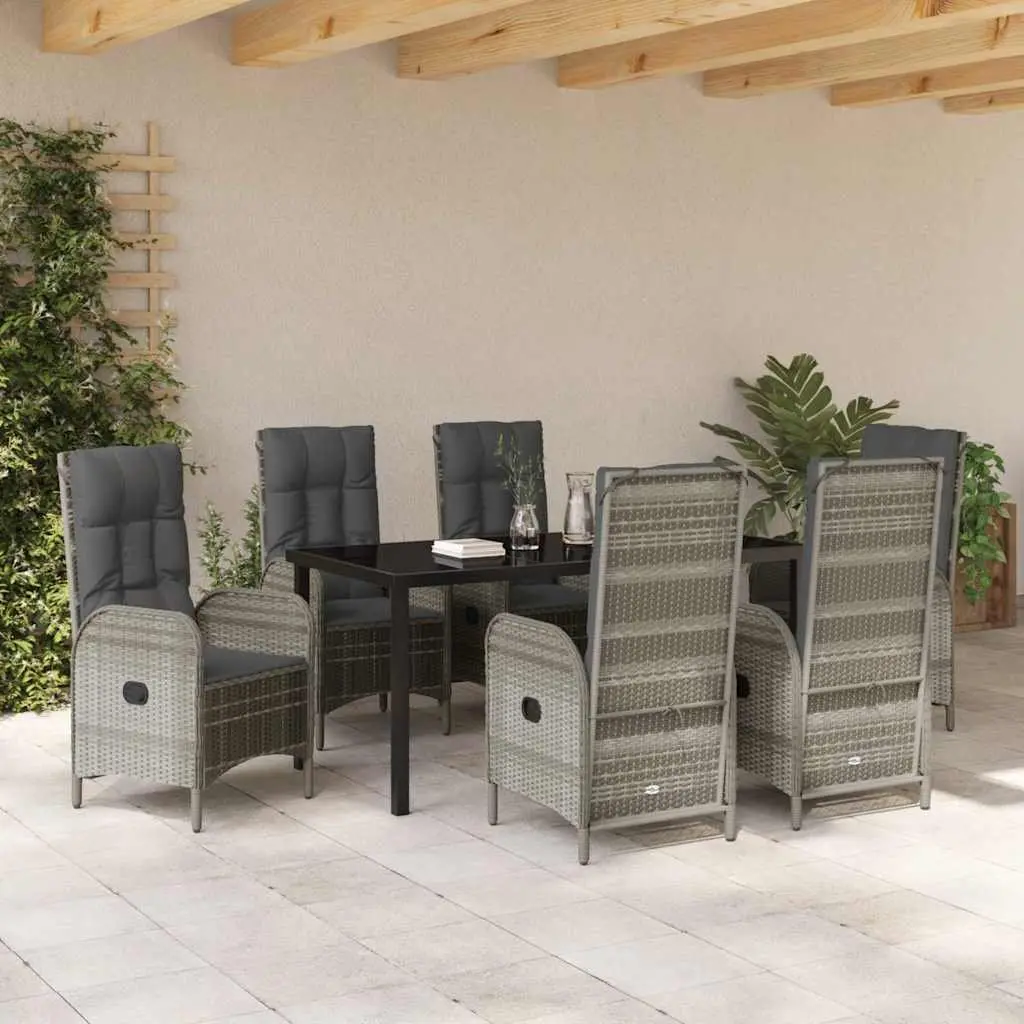 Outdoor Dining Set 7 Piece Modern Grey Poly Rattan with Cushioned Seats and Tempered Glass Top