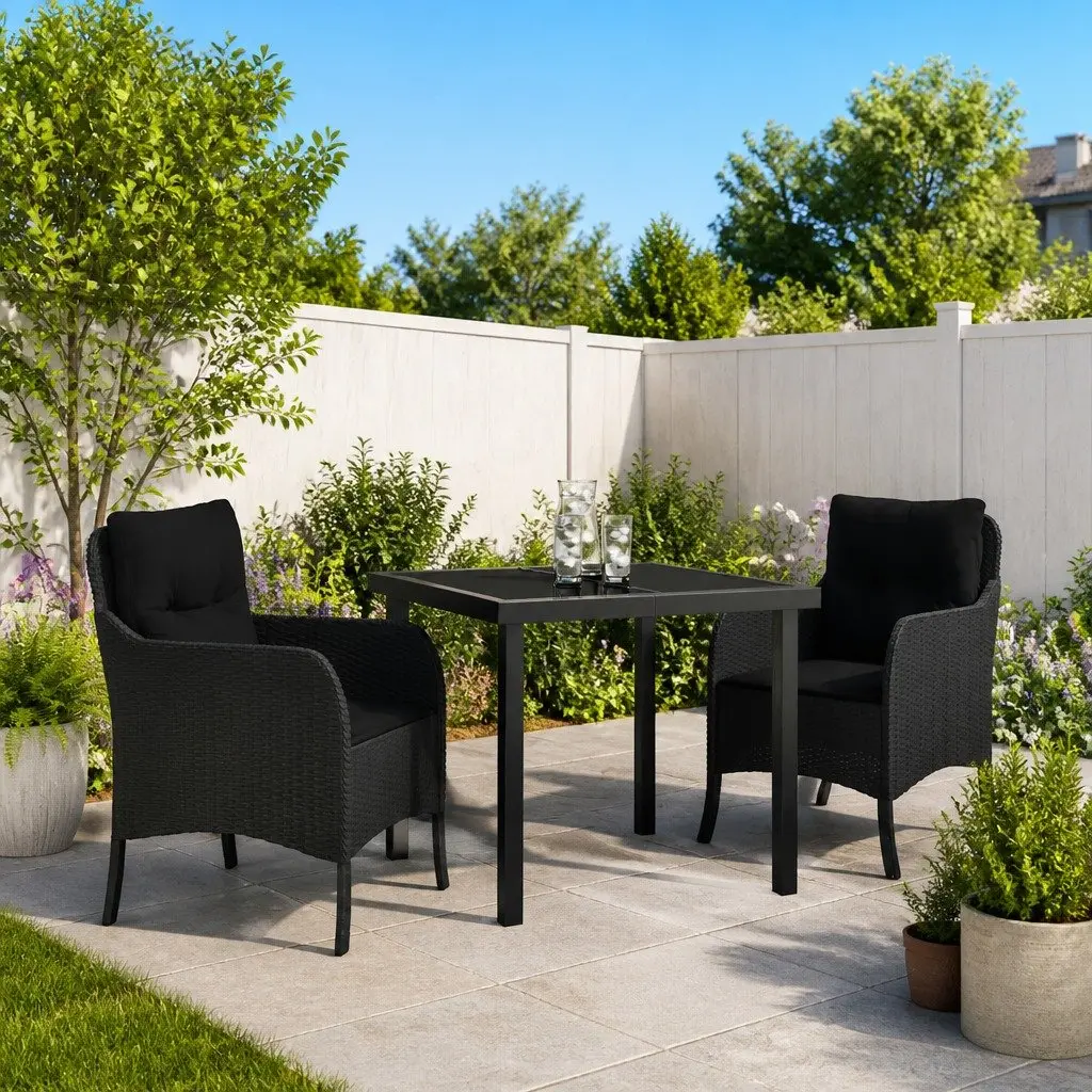 Outdoor Dining Set 3 Piece Black Poly Rattan Garden Furniture with Cushions
