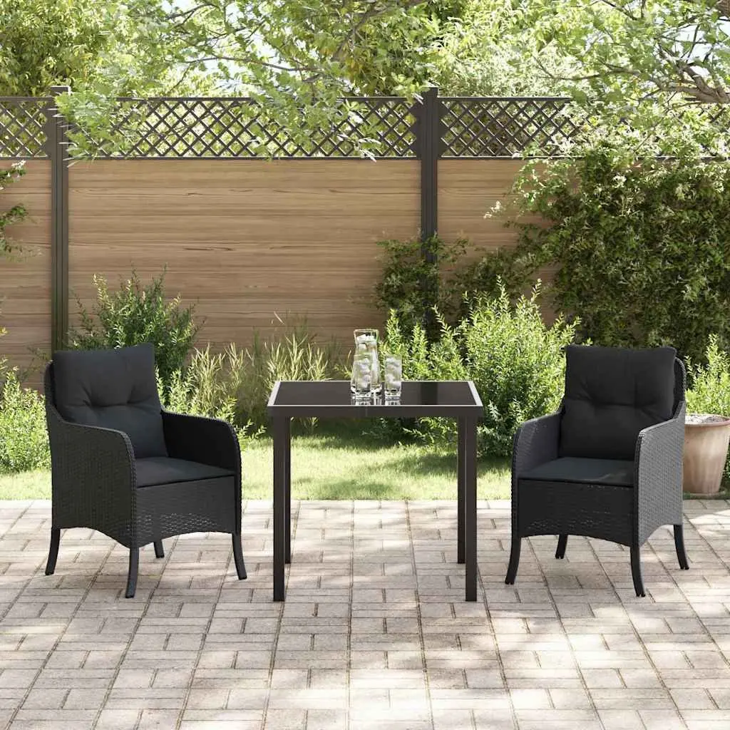 Outdoor Dining Set 3 Piece Black Poly Rattan Garden Furniture with Cushions