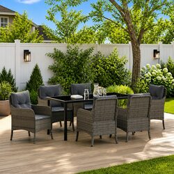 Outdoor Dining Set 7 Pieces Garden Furniture Grey Poly Rattan with Cushions