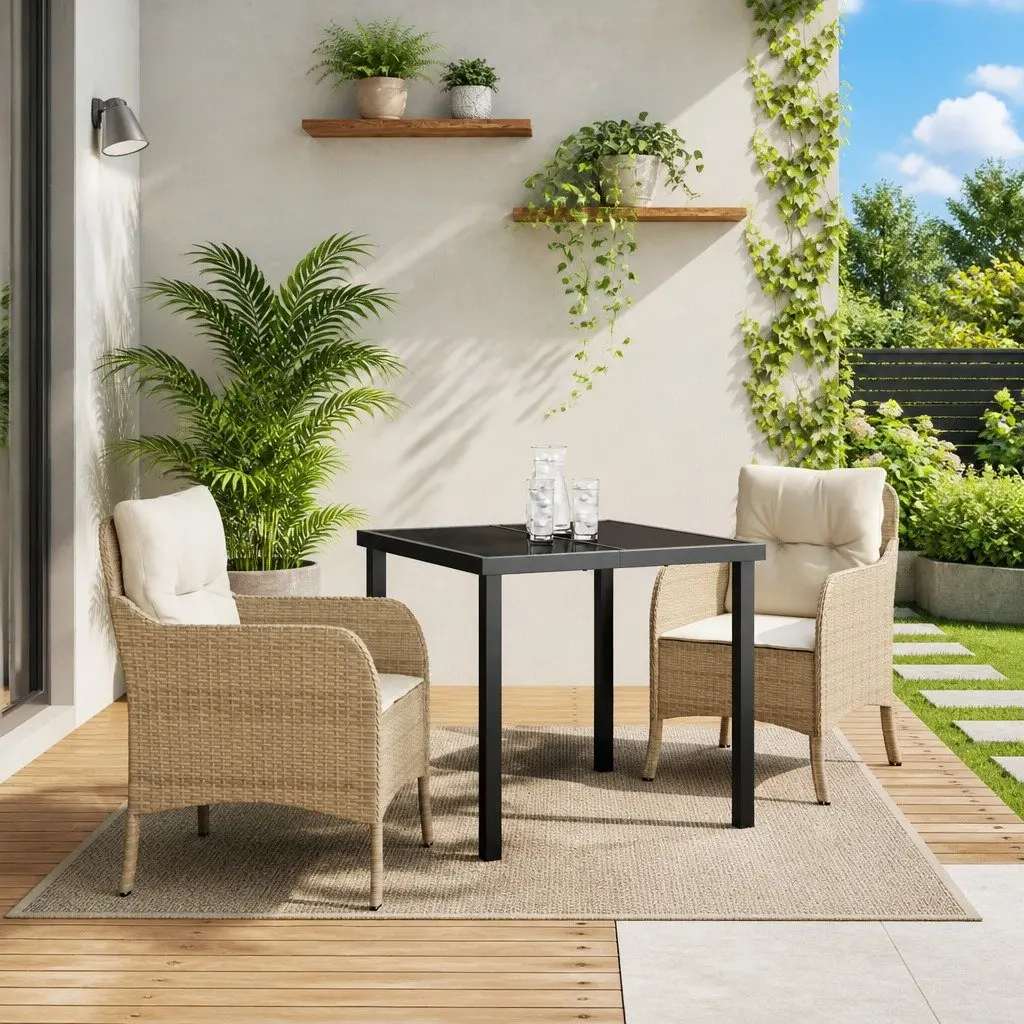 Garden Dining Set Modern 3 Piece Outdoor Furniture with Cushions Beige Poly Rattan