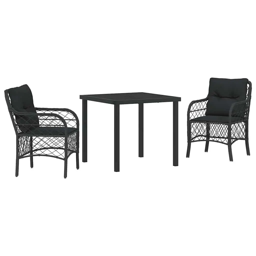Garden Dining Set 3 Pieces Black Poly Rattan Outdoor Furniture with Cushions
