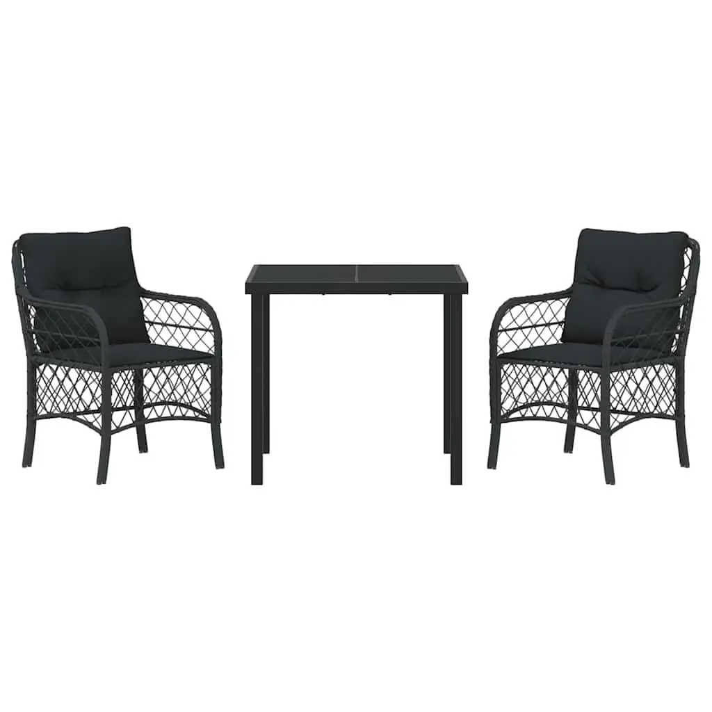 Garden Dining Set 3 Pieces Black Poly Rattan Outdoor Furniture with Cushions
