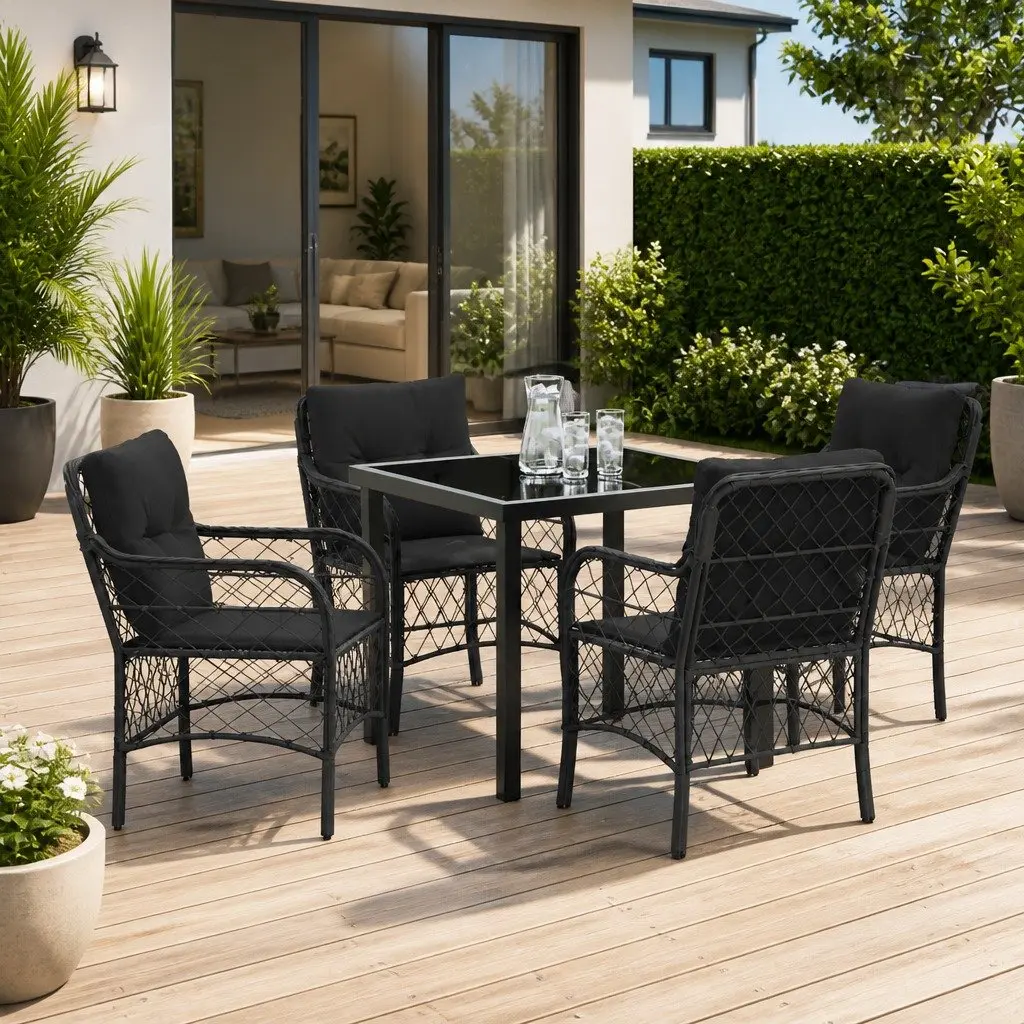 Garden Dining Set 5 Pieces Black Poly Rattan Outdoor Furniture with Cushions