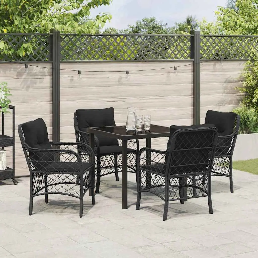 Garden Dining Set 5 Pieces Black Poly Rattan Outdoor Furniture with Cushions