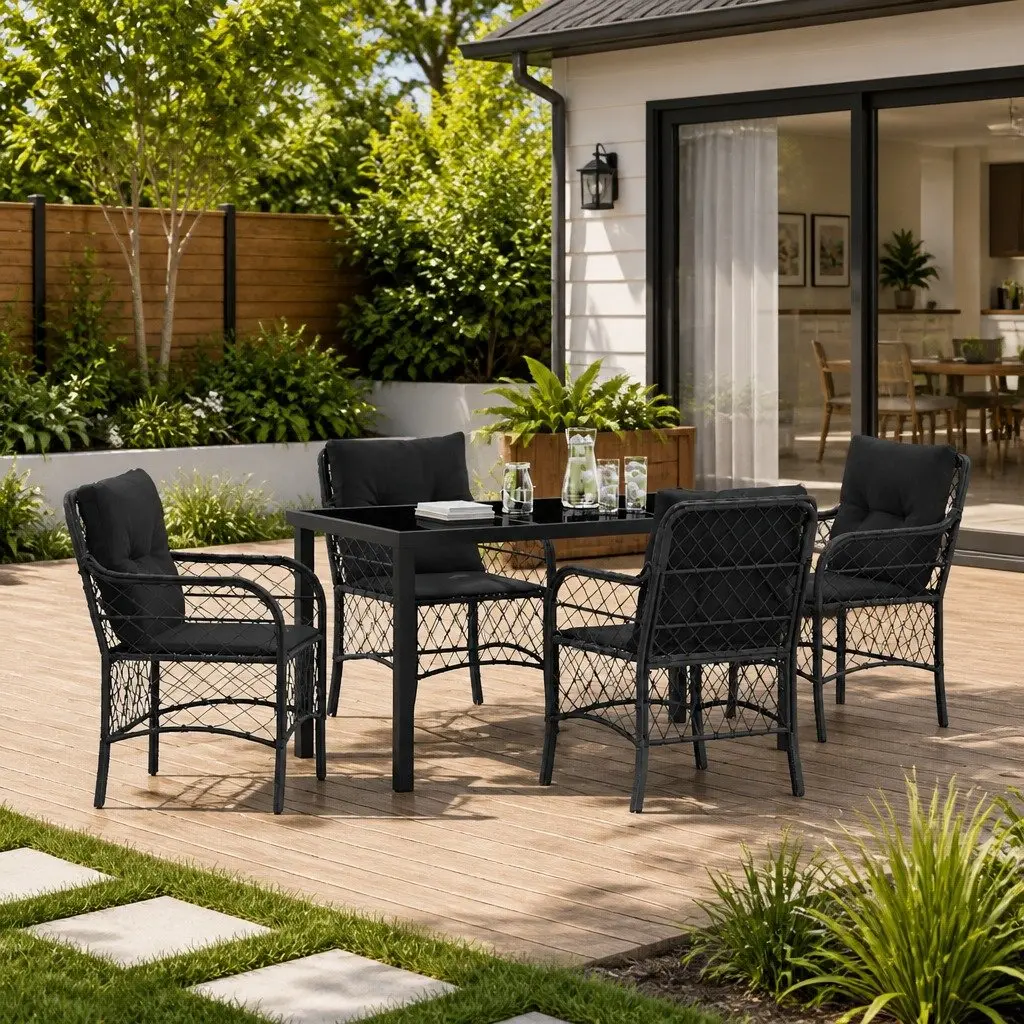 Garden Dining Set 5 Pieces Modern Black Outdoor Furniture Patio Table with Tempered Glass Top and Weather-Resistant Cushions