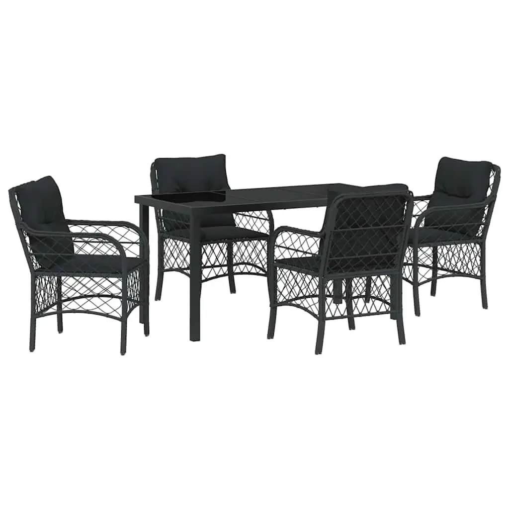 Garden Dining Set 5 Pieces Modern Black Outdoor Furniture Patio Table with Tempered Glass Top and Weather-Resistant Cushions