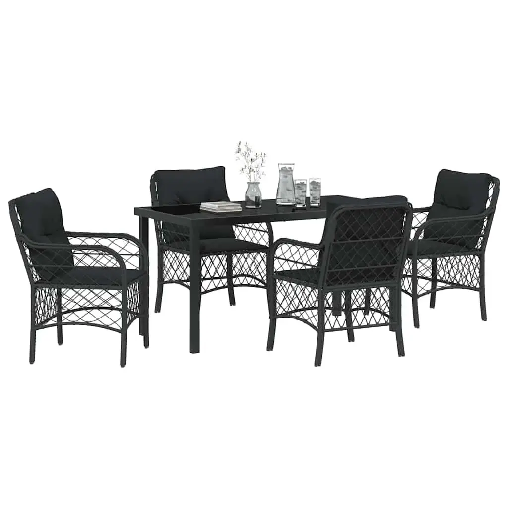 Garden Dining Set 5 Pieces Modern Black Outdoor Furniture Patio Table with Tempered Glass Top and Weather-Resistant Cushions