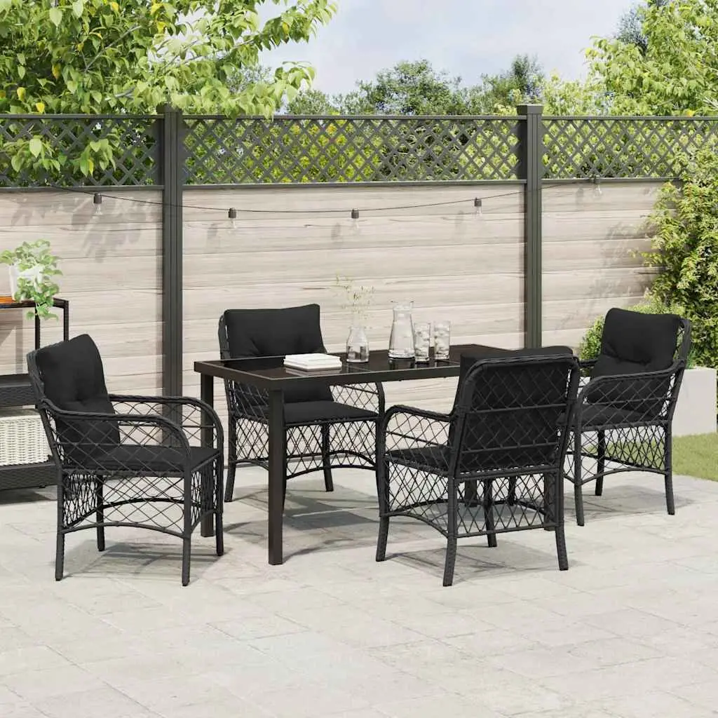 Garden Dining Set 5 Pieces Modern Black Outdoor Furniture Patio Table with Tempered Glass Top and Weather-Resistant Cushions