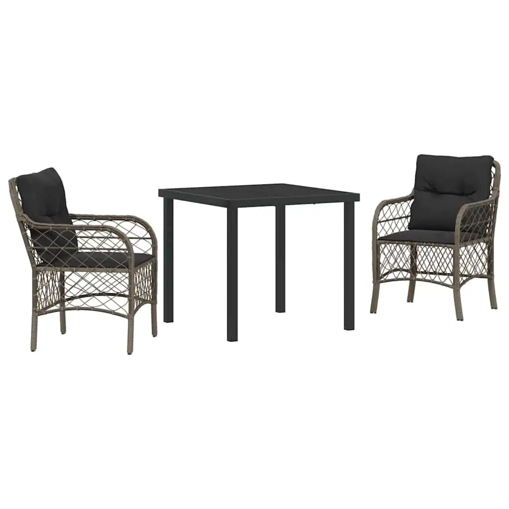 Garden Dining Set Modern Grey Poly Rattan 3 Piece Outdoor Furniture with Cushions