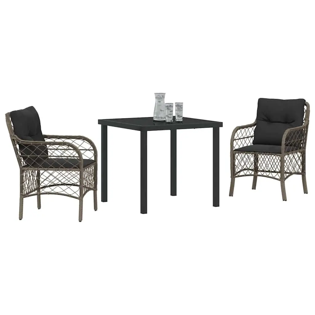 Garden Dining Set Modern Grey Poly Rattan 3 Piece Outdoor Furniture with Cushions