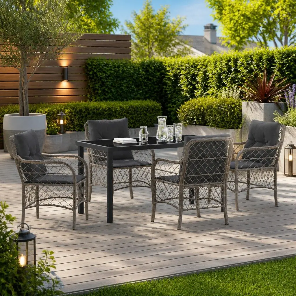 Outdoor Furniture Set Grey Poly Rattan Cushioned Dining Chairs and Table 5 Piece