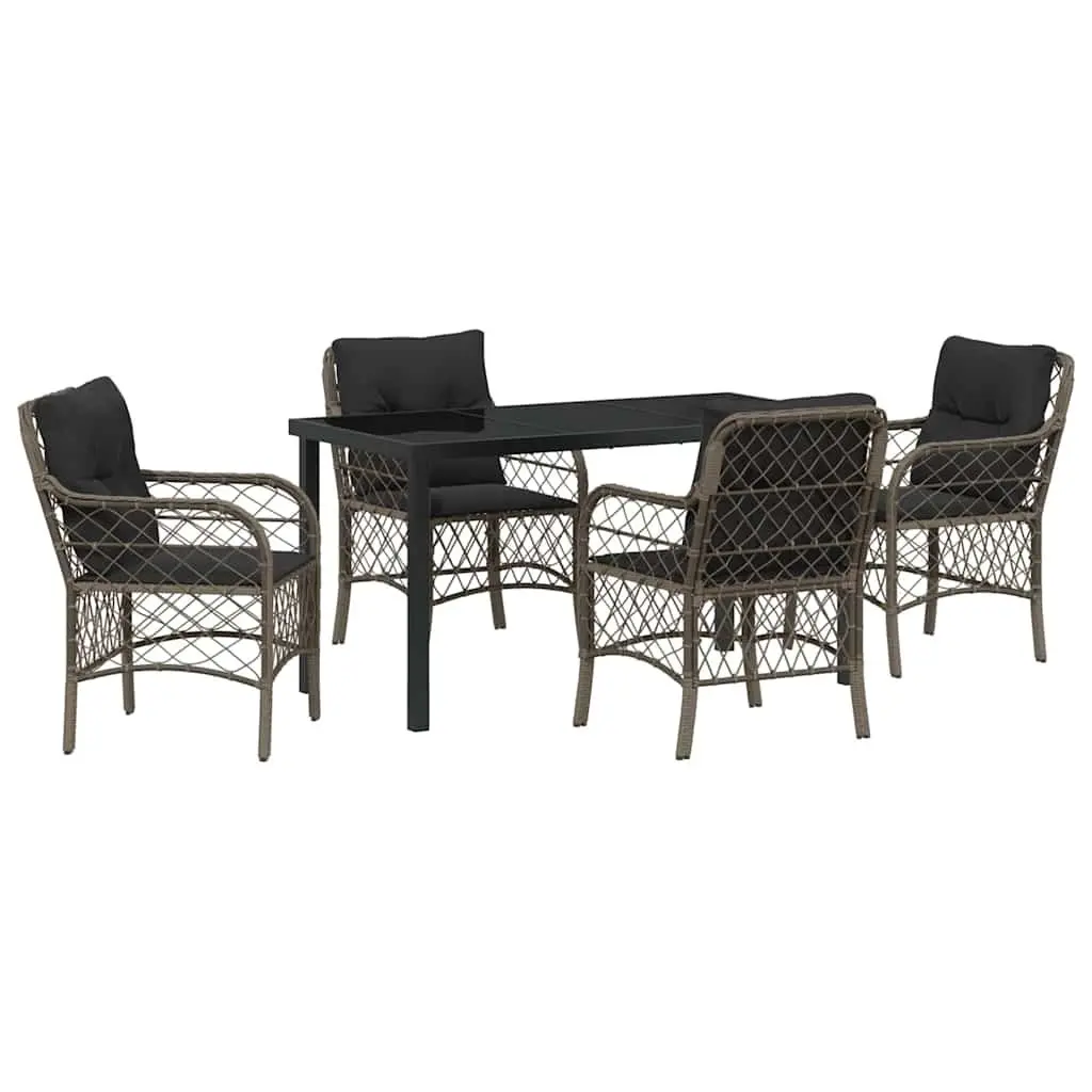 Outdoor Furniture Set Grey Poly Rattan Cushioned Dining Chairs and Table 5 Piece
