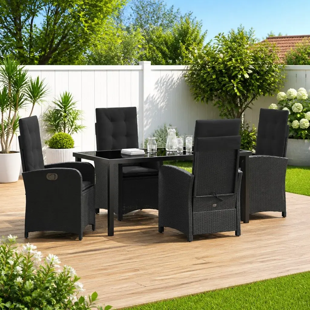 Garden Dining Set Black Poly Rattan 5 Pieces with Cushions