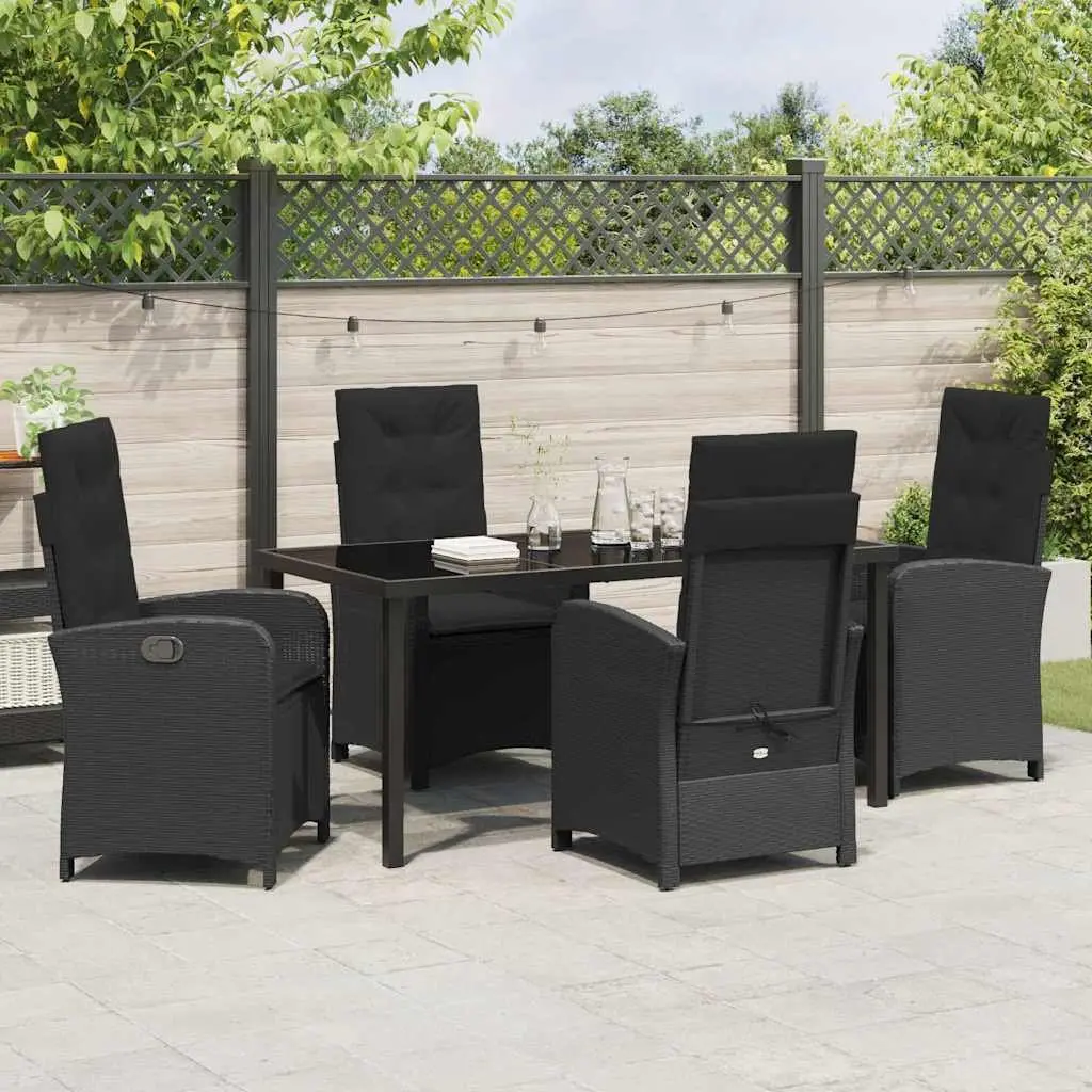 Garden Dining Set Black Poly Rattan 5 Pieces with Cushions