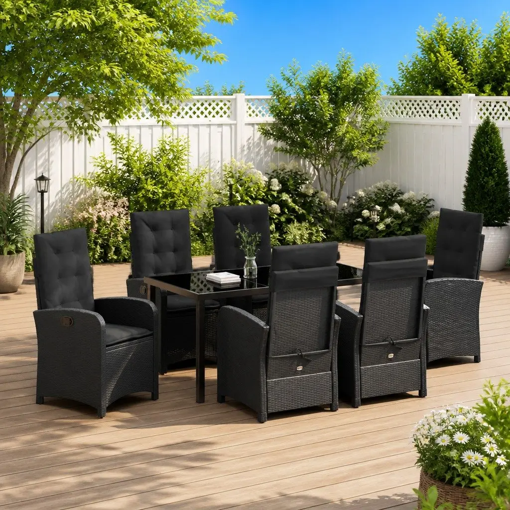 Outdoor Dining Set Modern 7 Pieces Black Poly Rattan Cushioned Glass Table