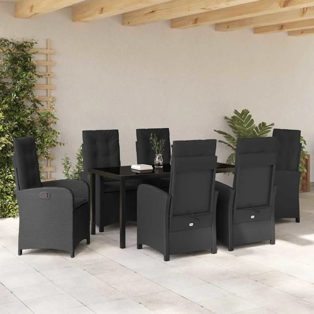 Outdoor Dining Set Modern 7 Pieces Black Poly Rattan Cushioned Glass Table