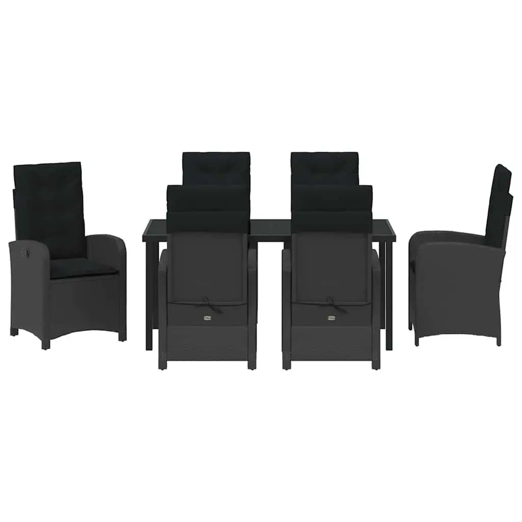 Outdoor Dining Set Modern 7 Pieces Black Poly Rattan Cushioned Glass Table