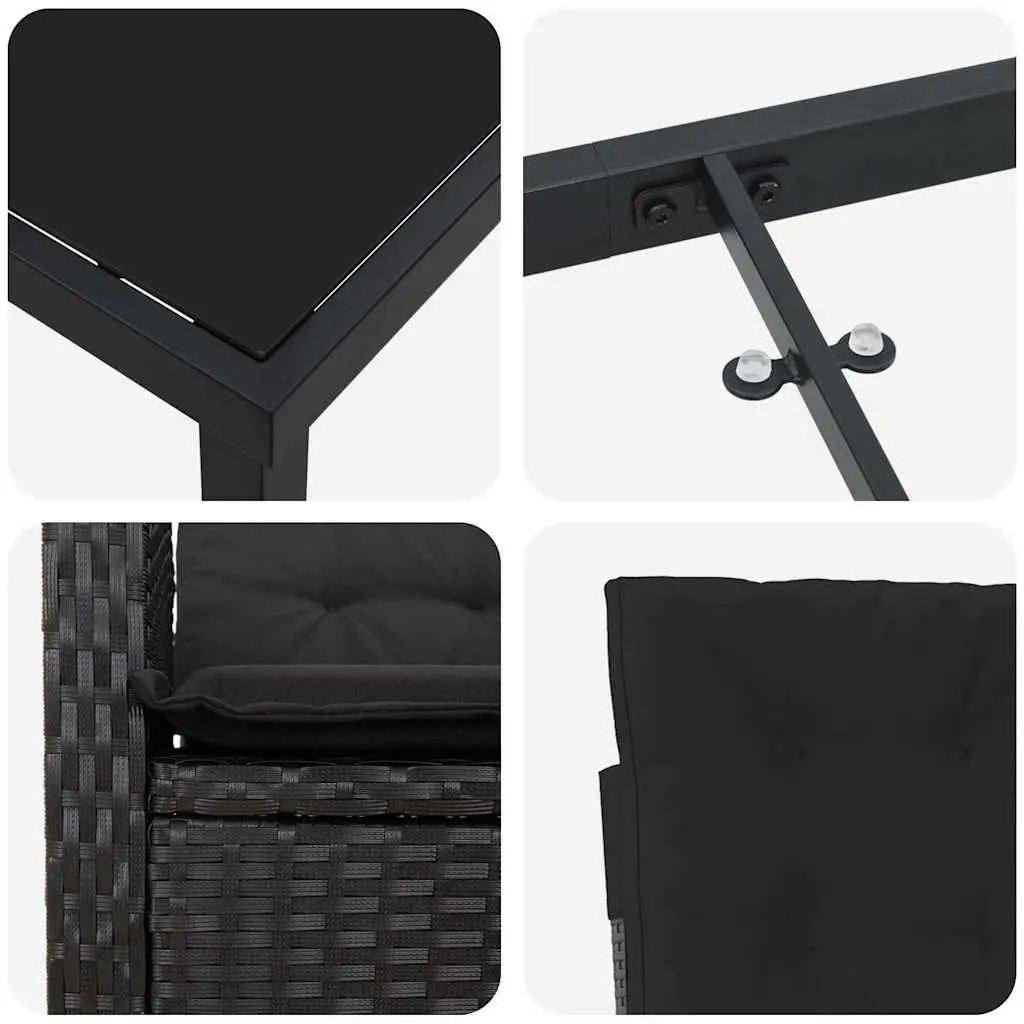 Outdoor Dining Set Modern 7 Pieces Black Poly Rattan Cushioned Glass Table