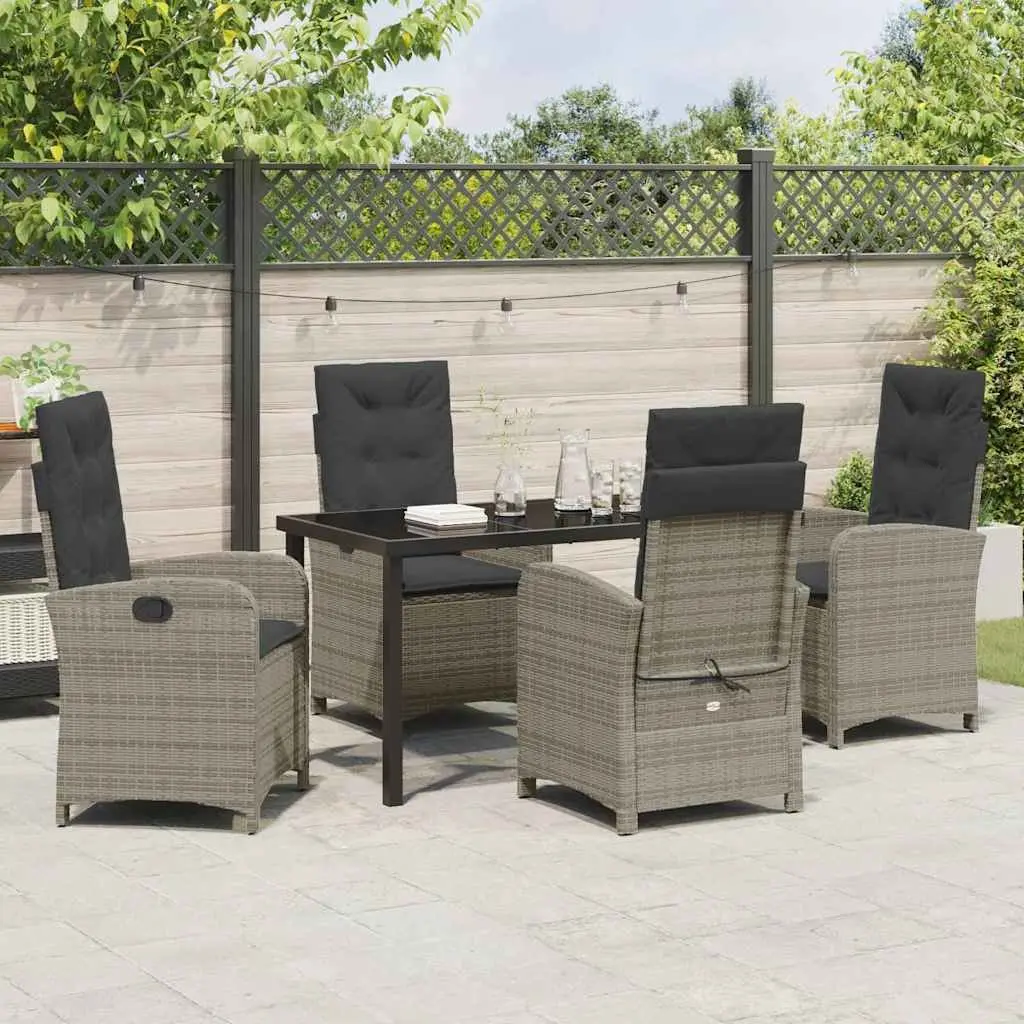 Outdoor Dining Set 5 Piece Rattan Chairs Glass Table Cushions Grey