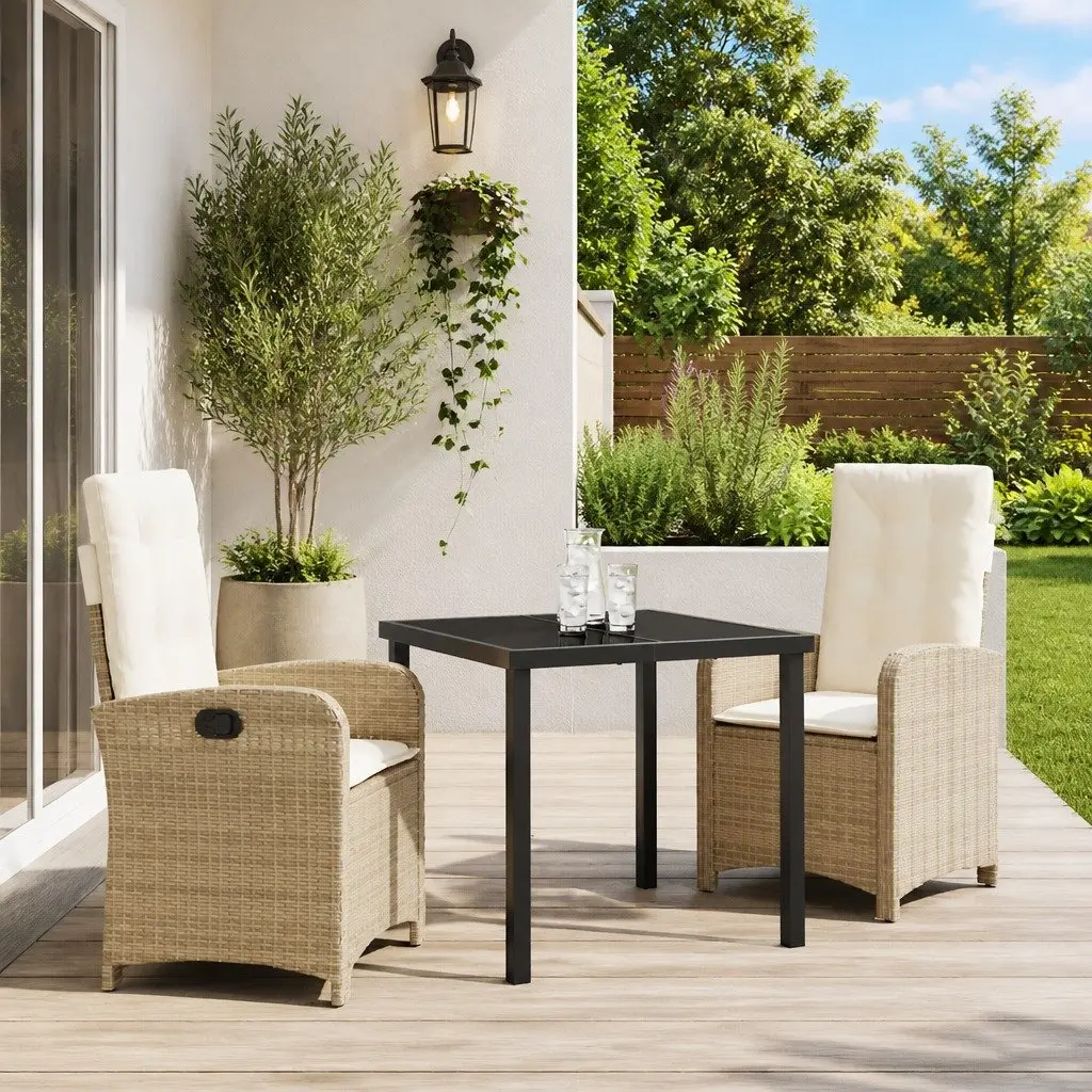 Beige Cushioned Outdoor Dining Set 3 Piece Poly Rattan with Glass Table