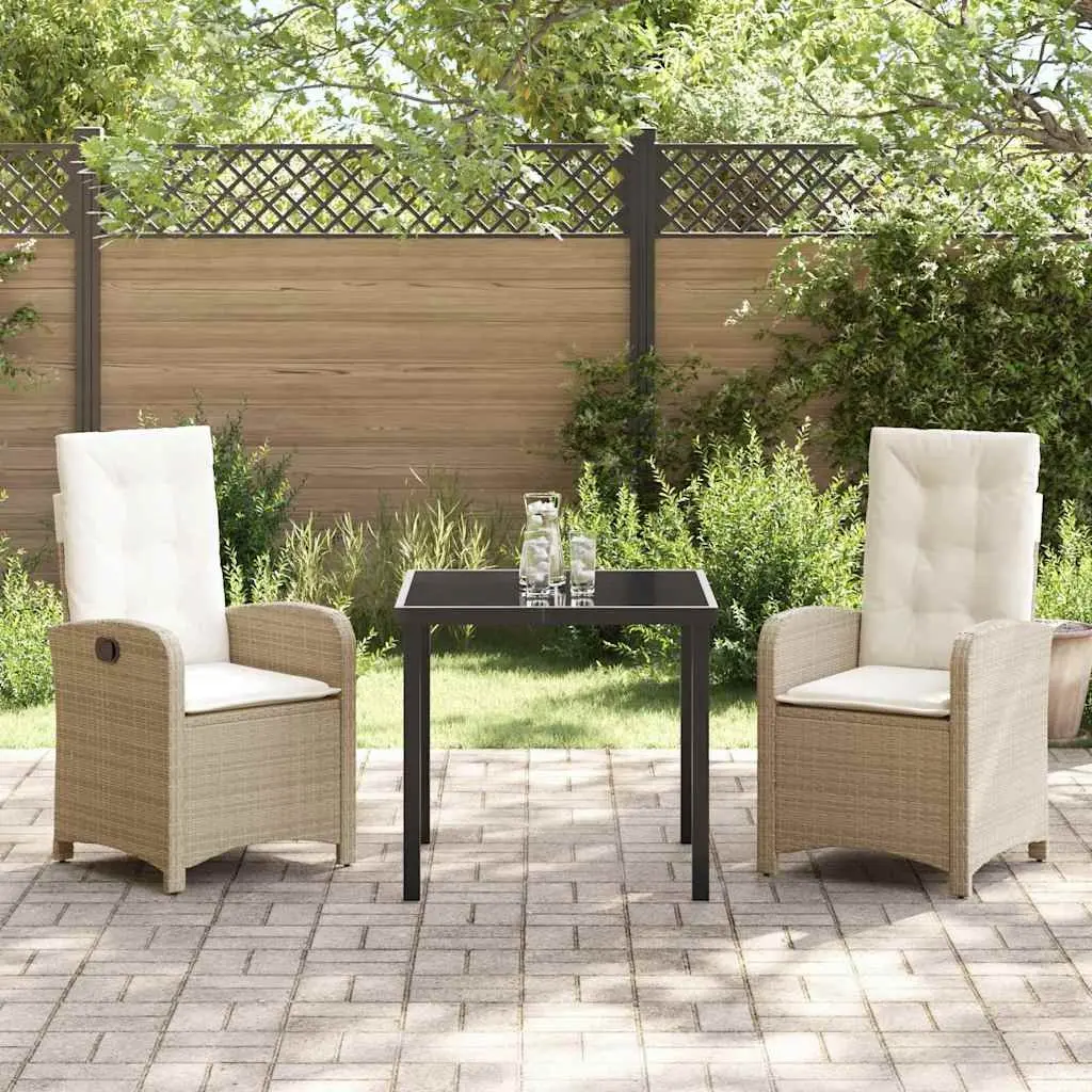 Beige Cushioned Outdoor Dining Set 3 Piece Poly Rattan with Glass Table