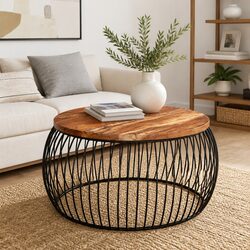 Coffee Table Ø68cm Solid Reclaimed Wood Handmade Vintage Side Table Accent