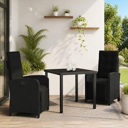 Outdoor Garden Dining Set 3 Piece Black Poly Rattan Patio Furniture Glass Top