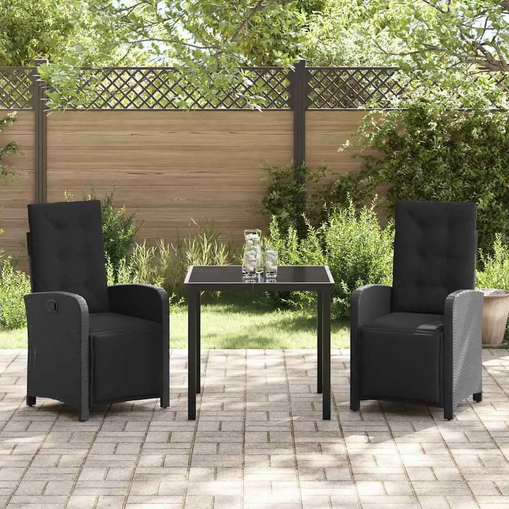 Outdoor Garden Dining Set 3 Piece Black Poly Rattan with Tempered Glass Top