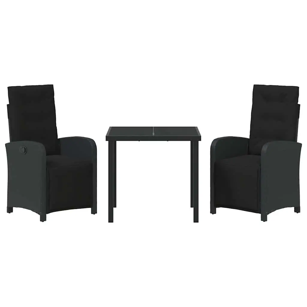 Outdoor Garden Dining Set 3 Piece Black Poly Rattan with Tempered Glass Top