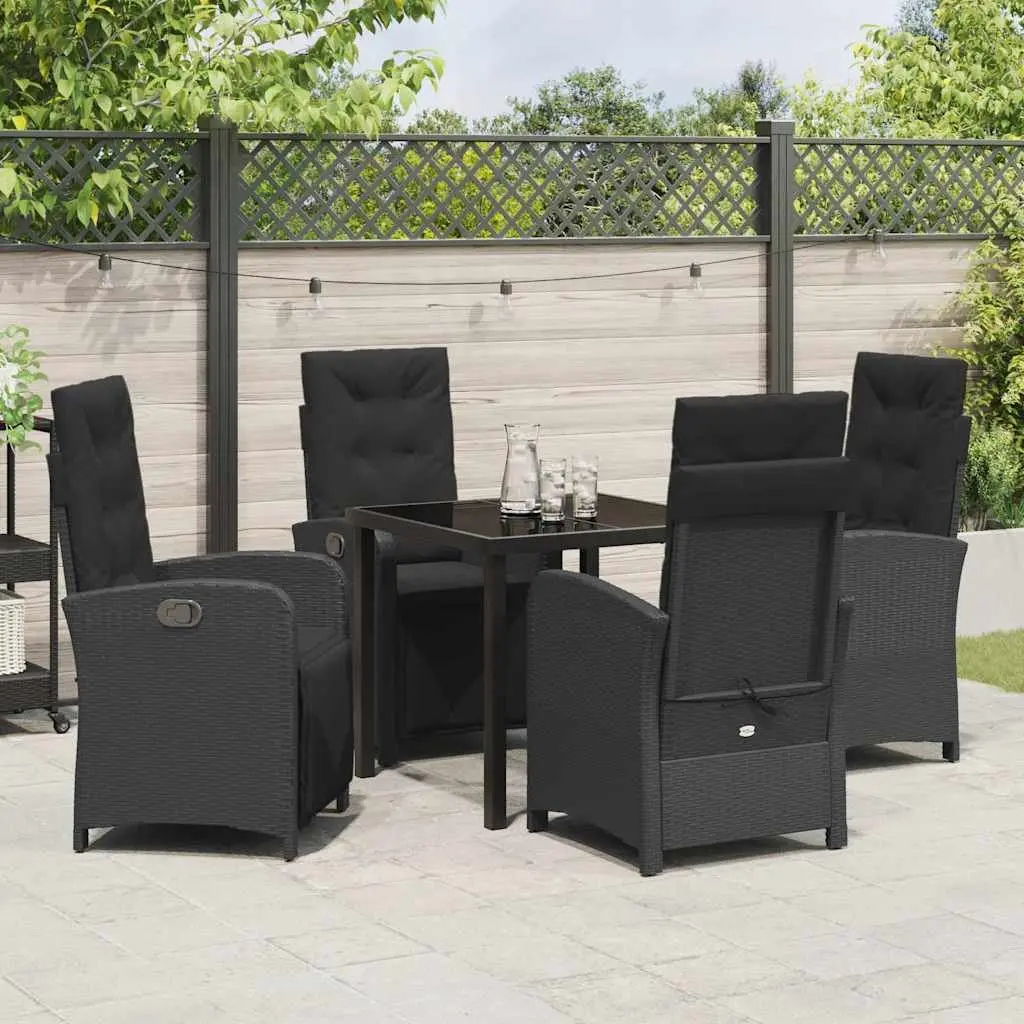 Garden Dining Set 5 Pieces Black Poly Rattan Outdoor Furniture with Cushions