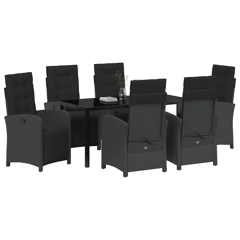 Garden Dining Set Black Poly Rattan 7 Piece Outdoor Patio Furniture with Tempered Glass Top
