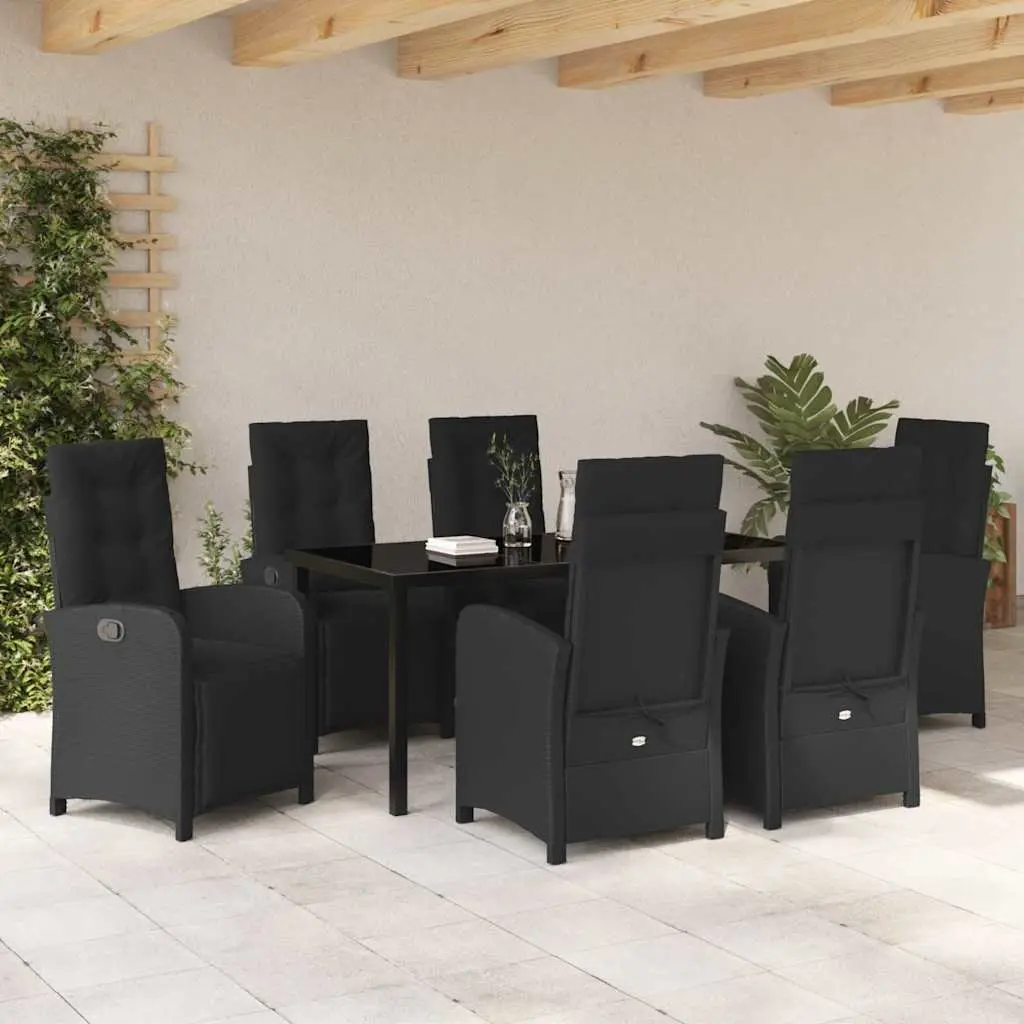 Garden Dining Set Black Poly Rattan 7 Piece Outdoor Patio Furniture with Tempered Glass Top