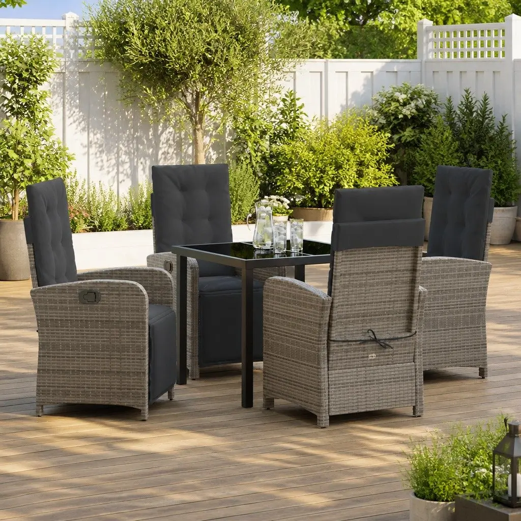 Garden Dining Set Grey Poly Rattan 5 Piece Outdoor Furniture with Glass Top and Cushions