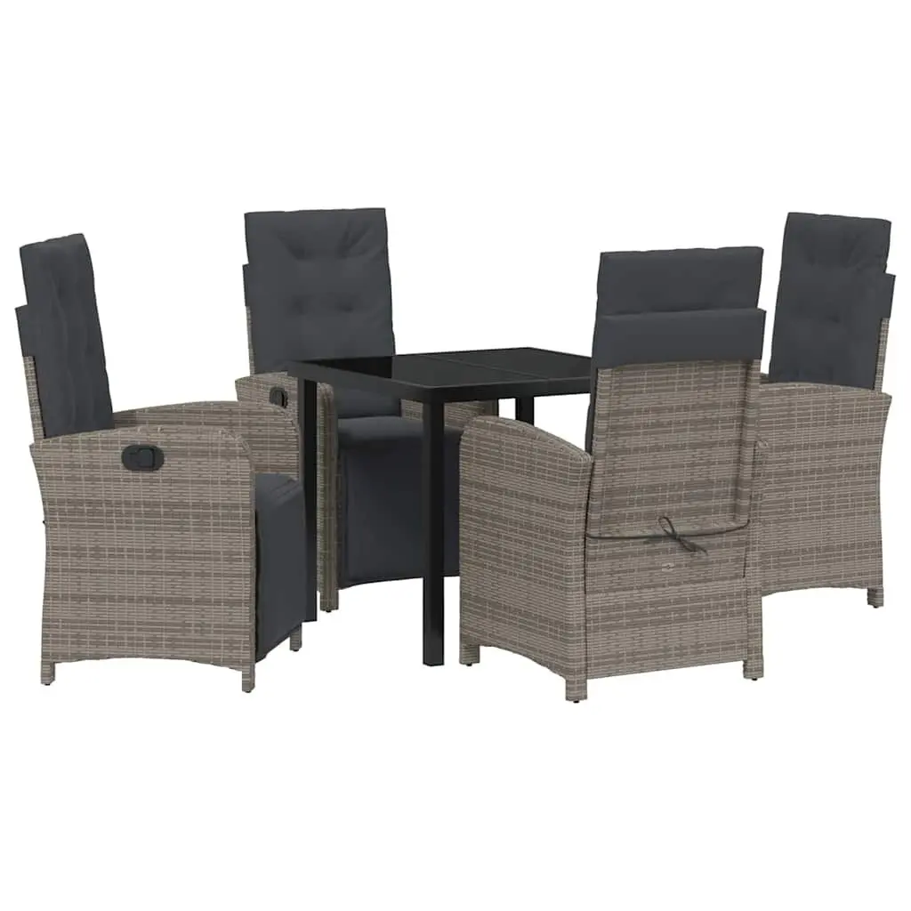 Garden Dining Set Grey Poly Rattan 5 Piece Outdoor Furniture with Glass Top and Cushions