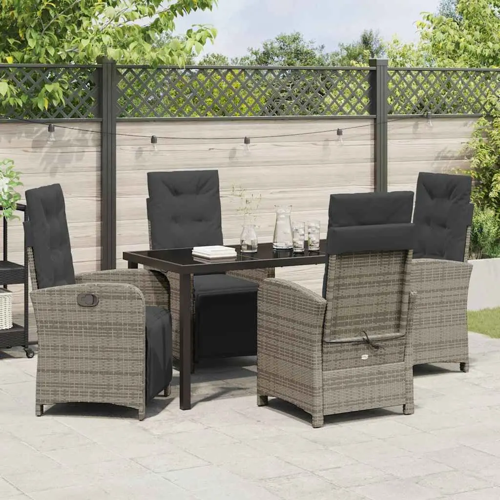 Garden Dining Set Grey Poly Rattan 5 Piece Outdoor Furniture with Glass Top