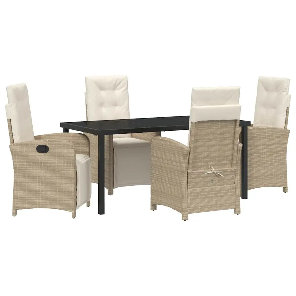 Outdoor Dining Set Poly Rattan Frame Tempered Glass Top 5 Piece Beige Cushions