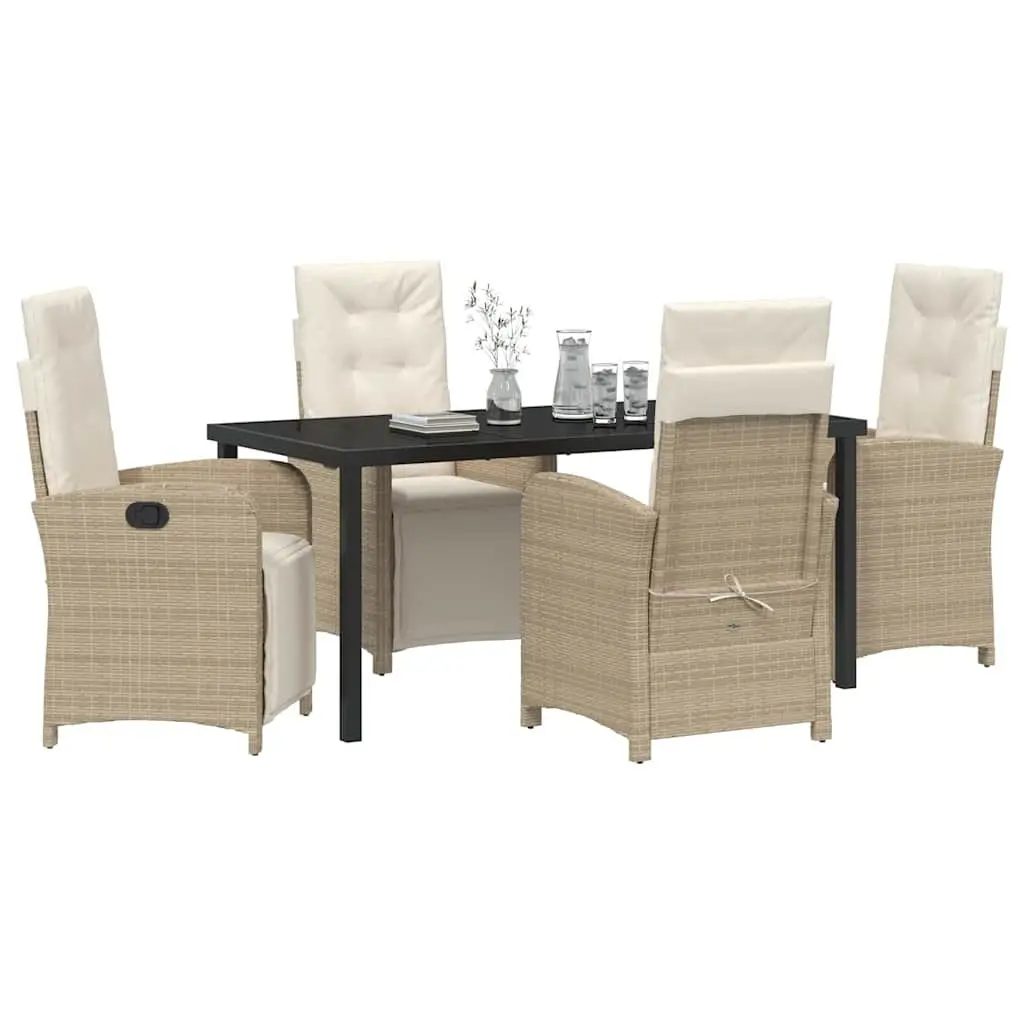 Outdoor Dining Set Poly Rattan Frame Tempered Glass Top 5 Piece Beige Cushions
