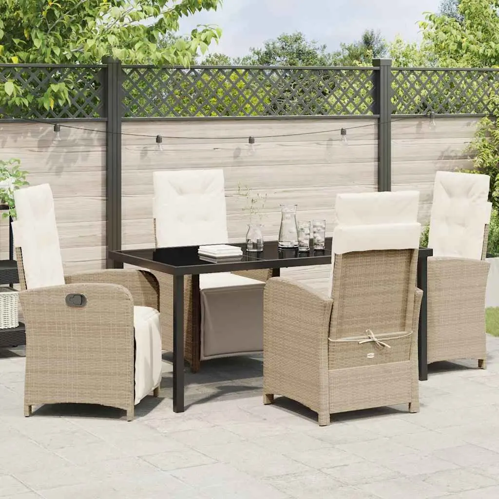 Outdoor Dining Set Poly Rattan Frame Tempered Glass Top 5 Piece Beige Cushions