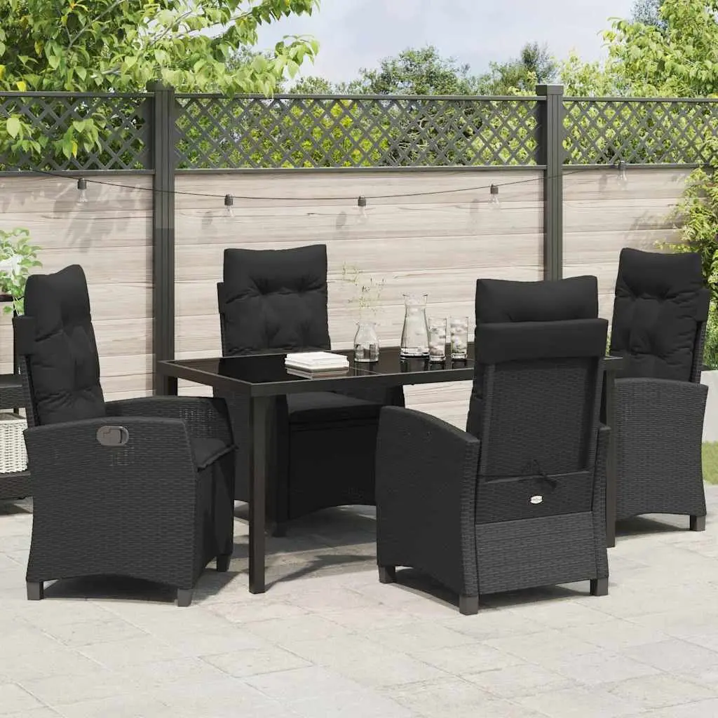 Garden Dining Set 5 Pieces Outdoor Patio Furniture Black Poly Rattan Glass Top