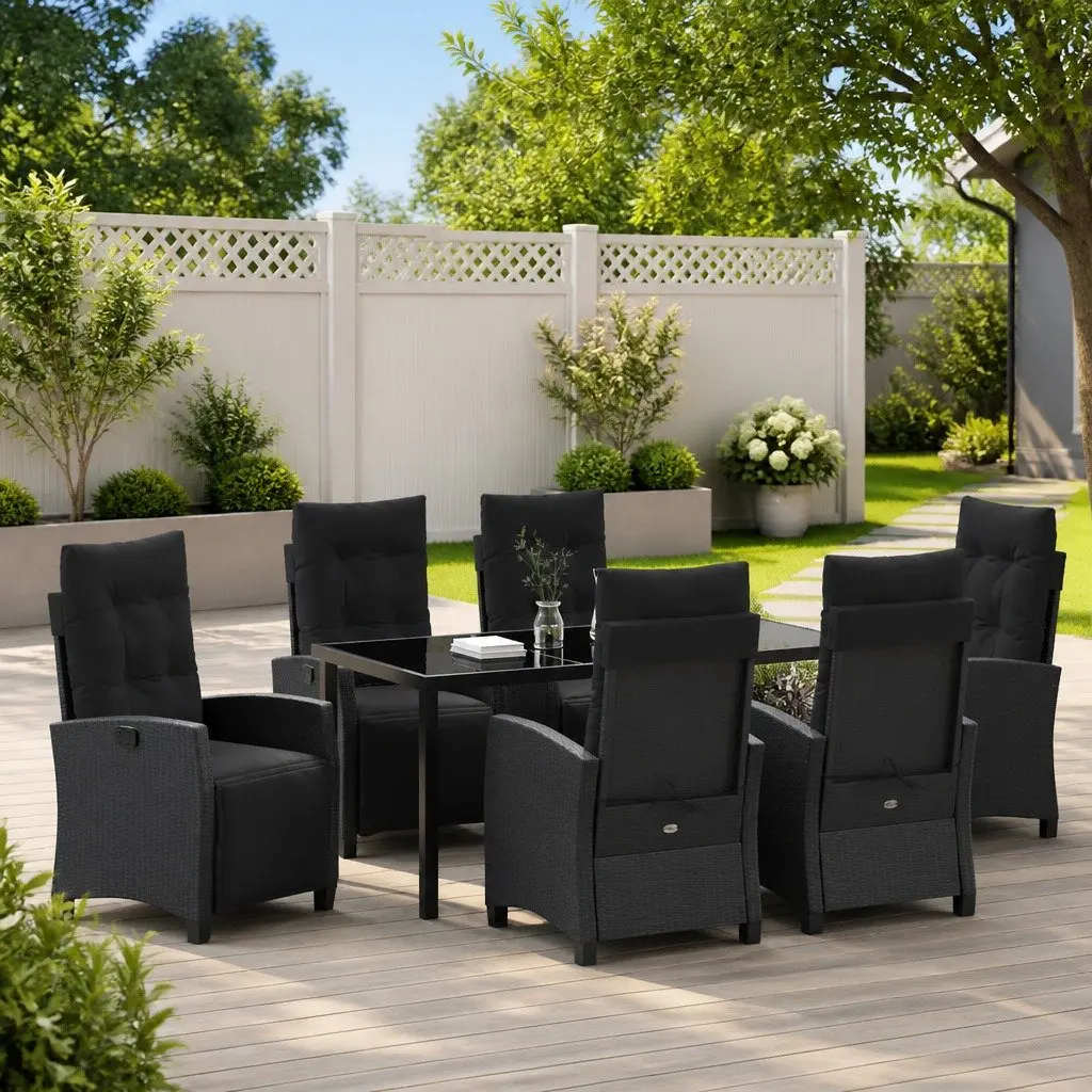 7 Piece Modern Black Poly Rattan Patio Dining Set with Glass Table and Cushions
